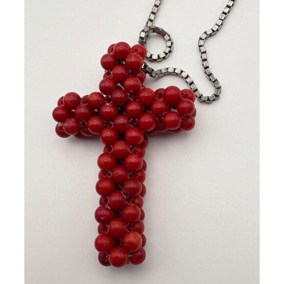 Vintage Red Beaded Cross Pendant Necklace with 925 Silver Chain Italy Religious - Picture 3 of 8